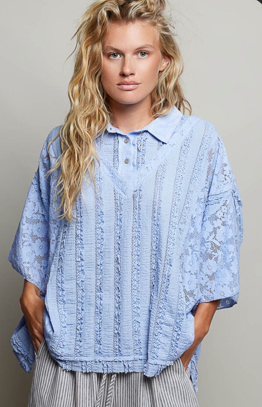 POL Sky Blue Oversized Floral Lace Textured Collard Shirt NWT